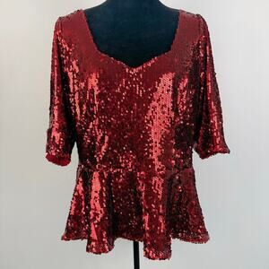 City Chic Sequin Sweetheart Neck Top A Line Red Short Sleeve Plus Size 16 NEW